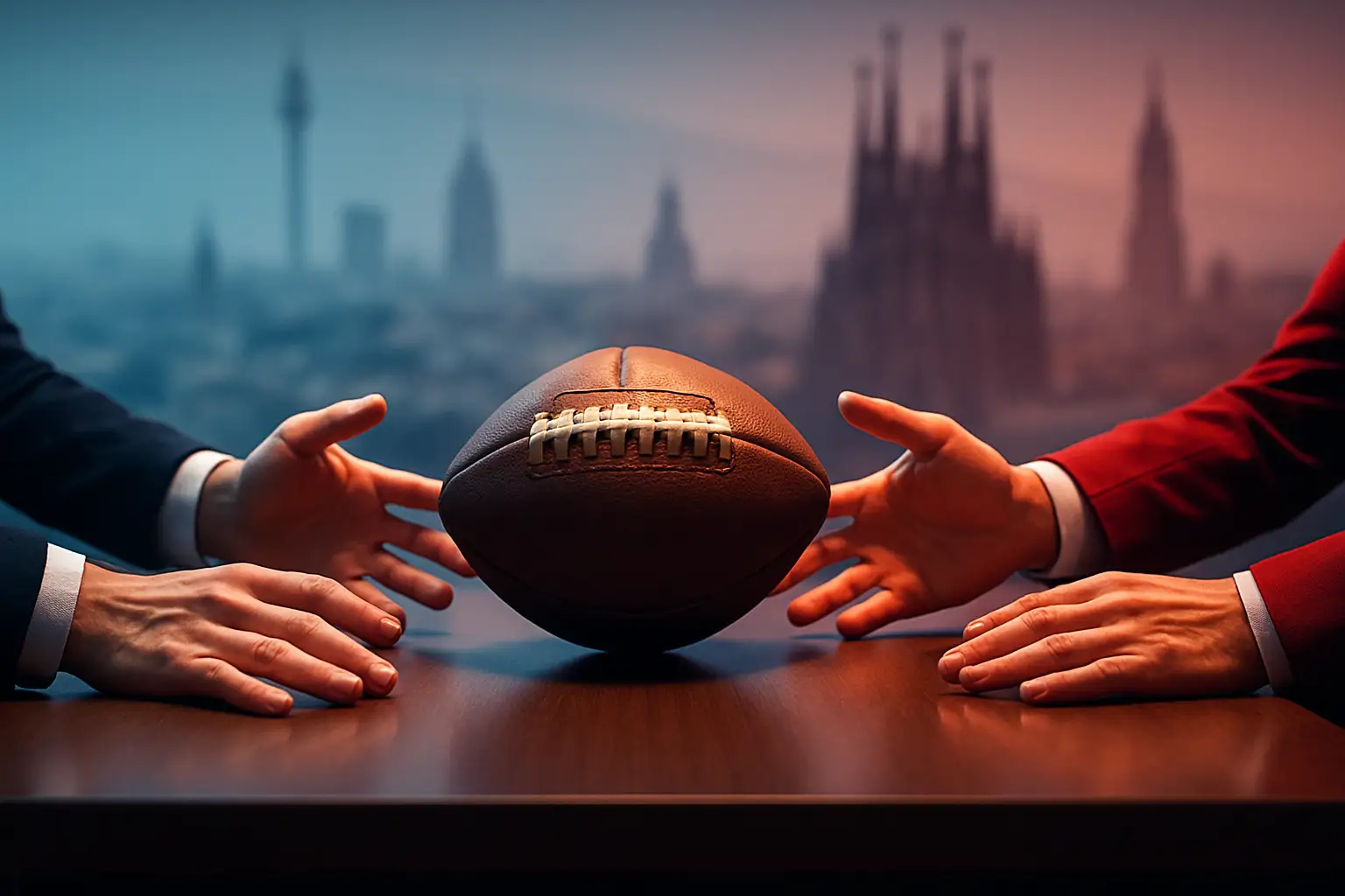 Two football club crests on opposite sides of a transfer negotiation table with a football in the center