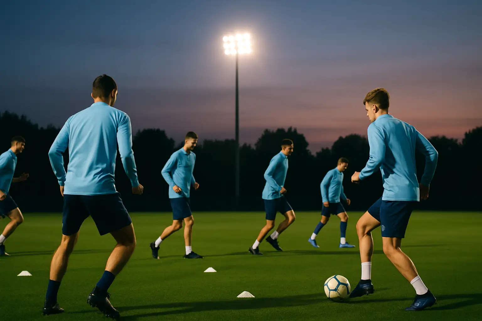 Manchester City players training on the Etihad Campus pitch under floodlights