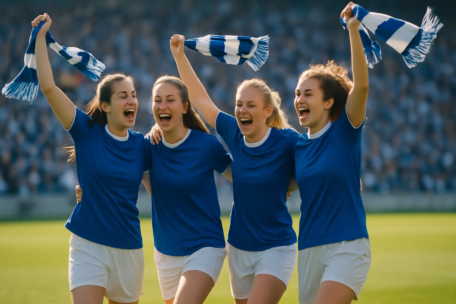 Women's football players celebrating on the pitch after a cup win
