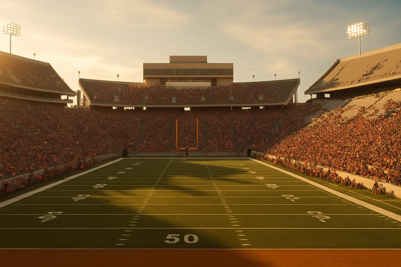 A college football stadium filled with fans watching a game on a sunny afternoon