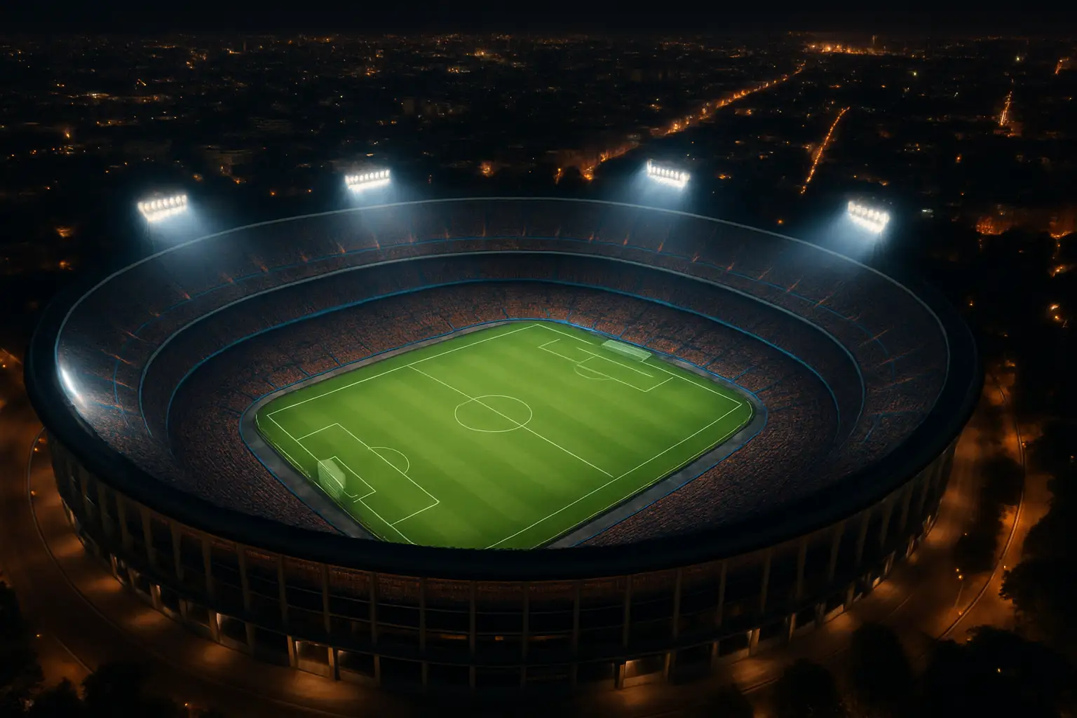 Aerial view of the Maracana Stadium in Rio de Janeiro lit up at night for a major football match