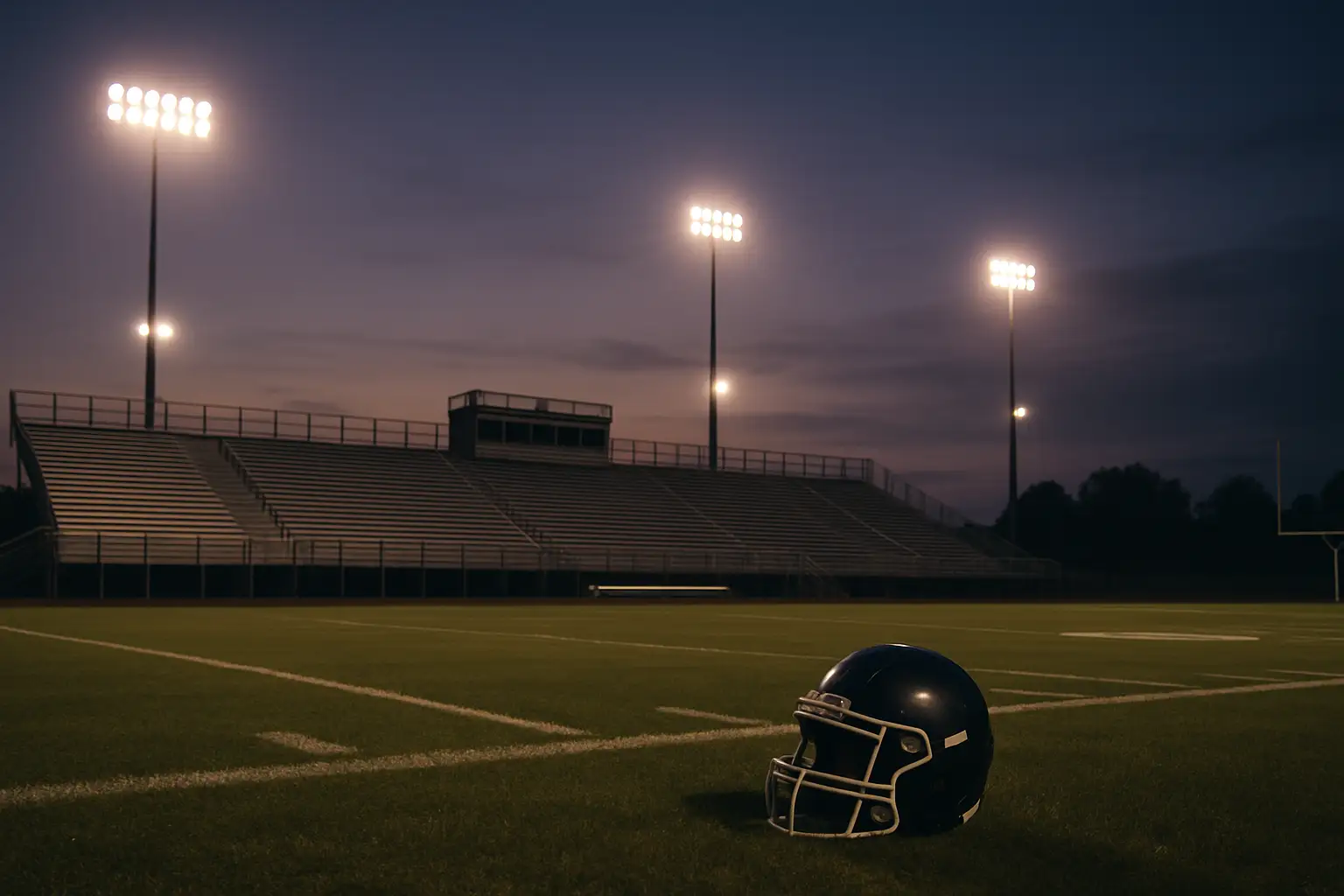 A high school football field with empty bleachers under overcast skies, suggesting uncertainty and a program under scrutiny