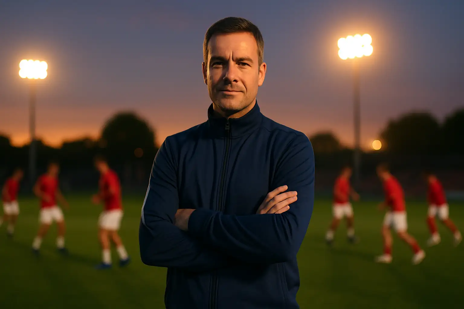 Portugal football manager standing on a pitch looking determined, with players in red kits in the background