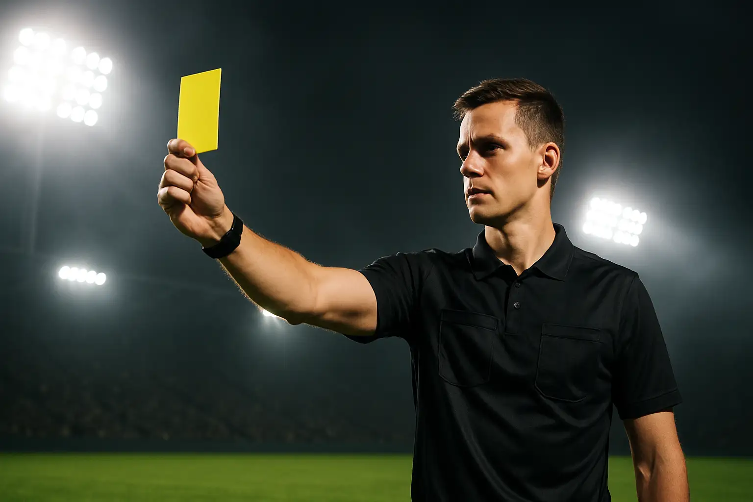 A referee holding up a yellow card on a football pitch during a World Cup match