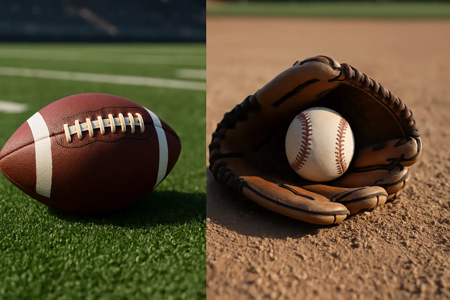 A football and baseball glove side by side on a field, representing a dual-sport prospect's difficult decision