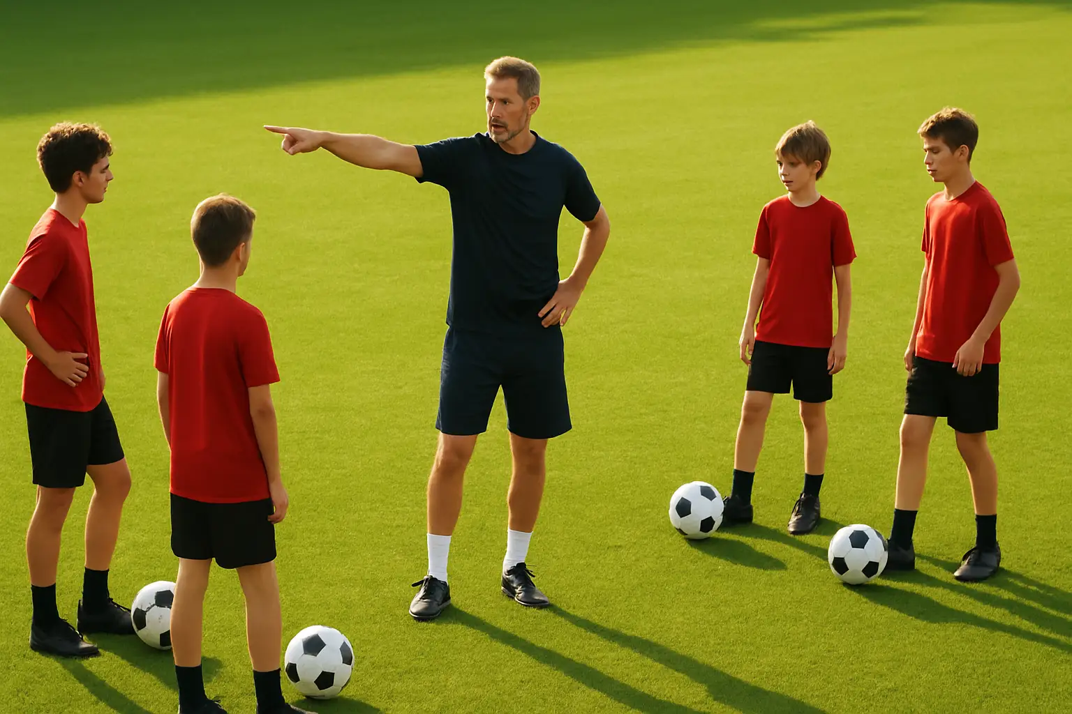 A veteran soccer defender directing teammates during a training session on a sunny pitch