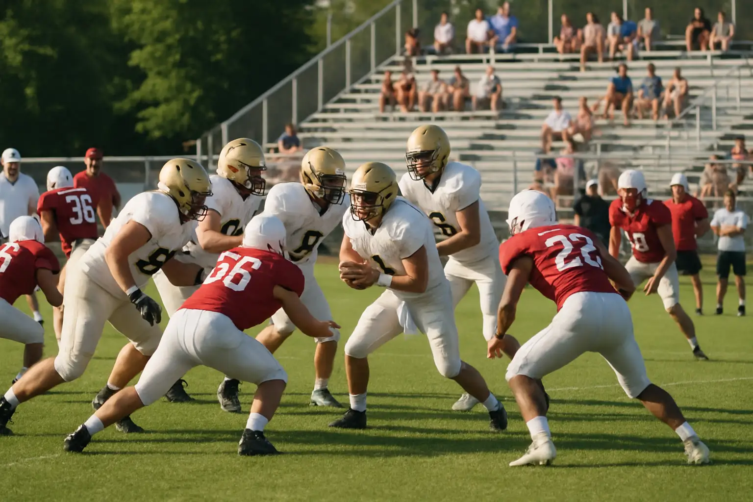 High school football players in full pads running drills during a preseason scrimmage on a green field under summer skies