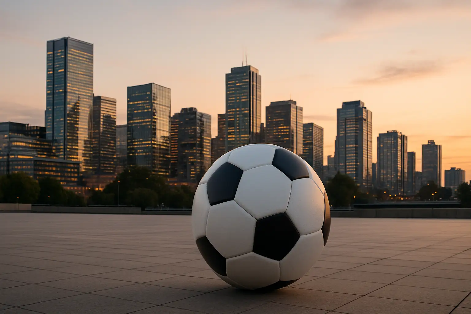 Boston city skyline with a soccer ball in the foreground representing the 2026 World Cup