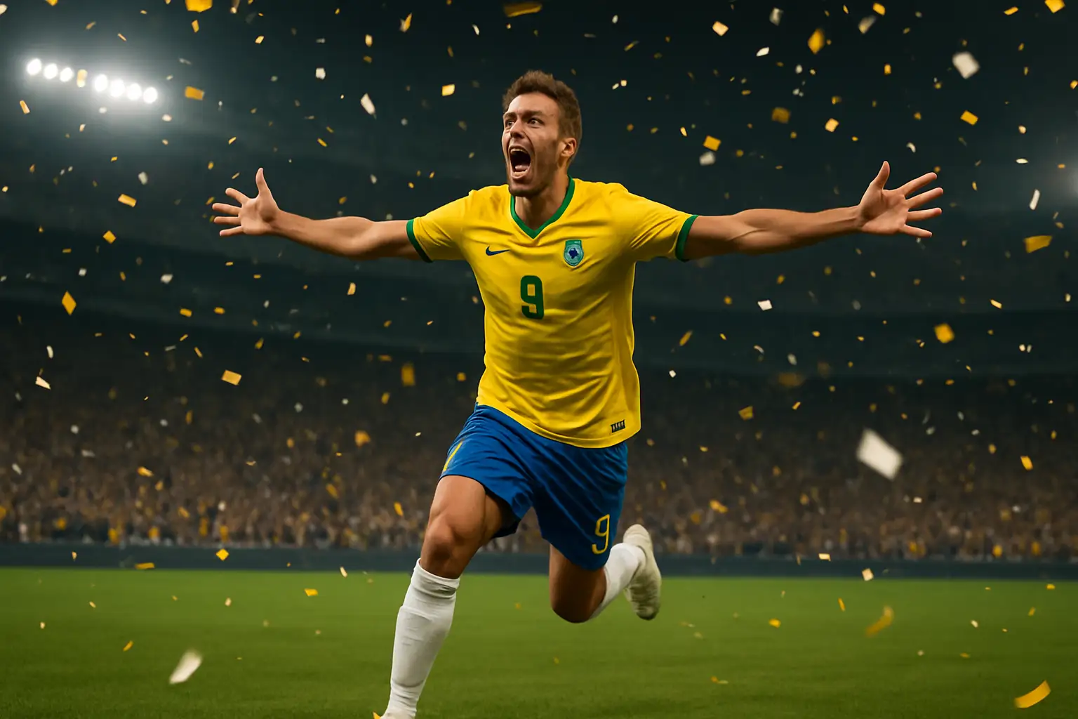 A footballer celebrating a goal in a packed international stadium at night