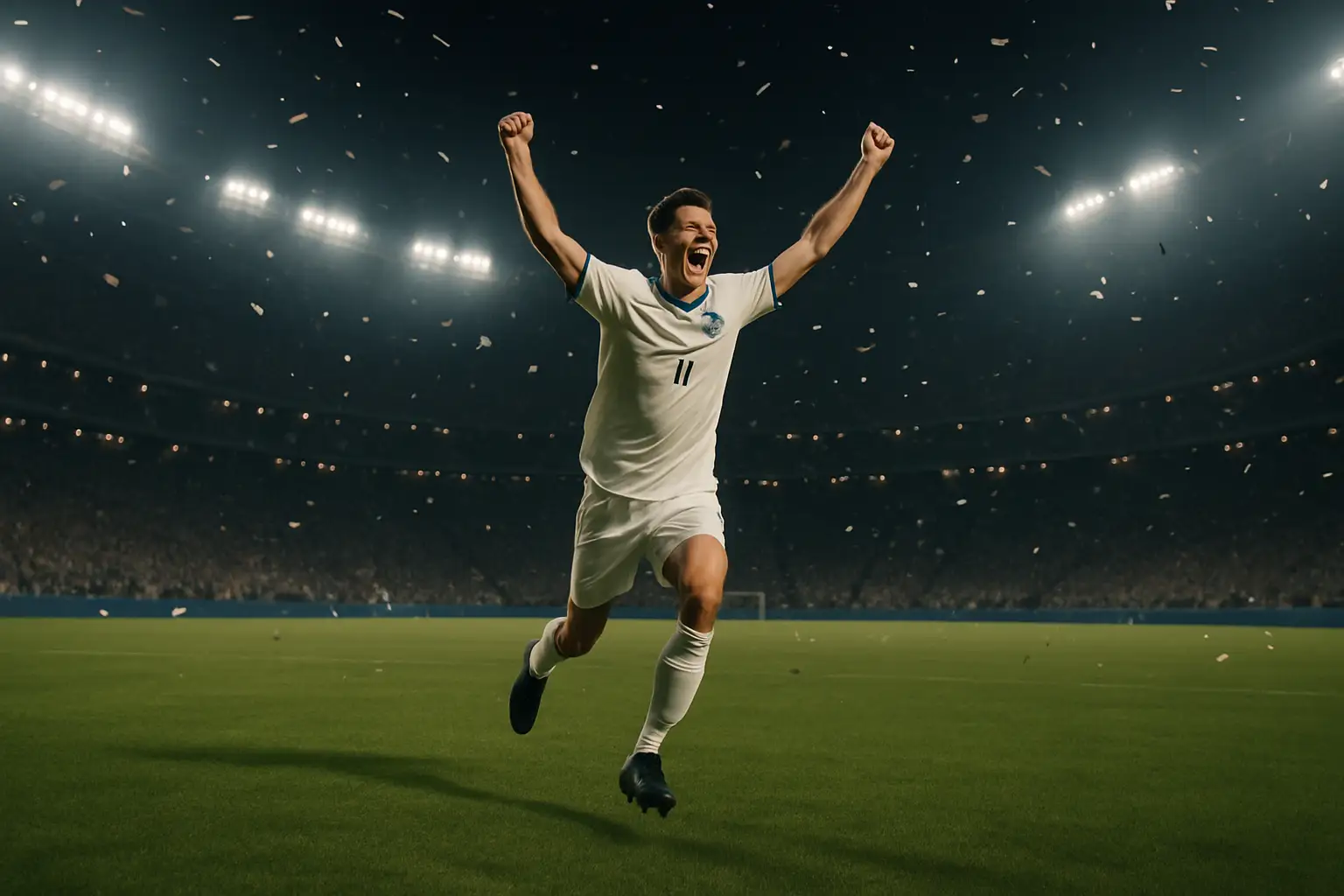 A football player celebrating a goal on a floodlit World Cup stadium pitch surrounded by teammates