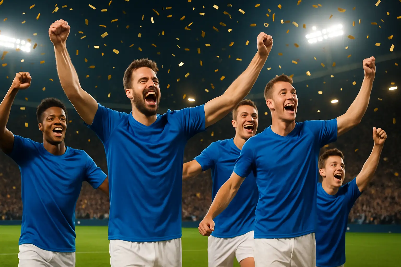 France football players celebrating a World Cup quarter-final victory on the pitch