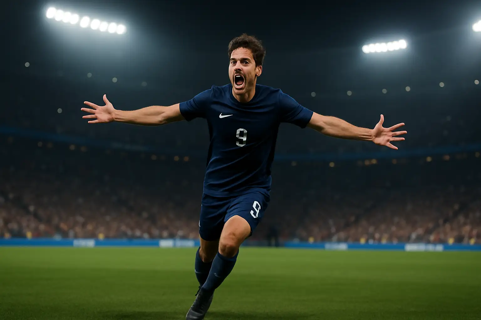 A footballer celebrating a goal in front of a packed stadium crowd during a World Cup match