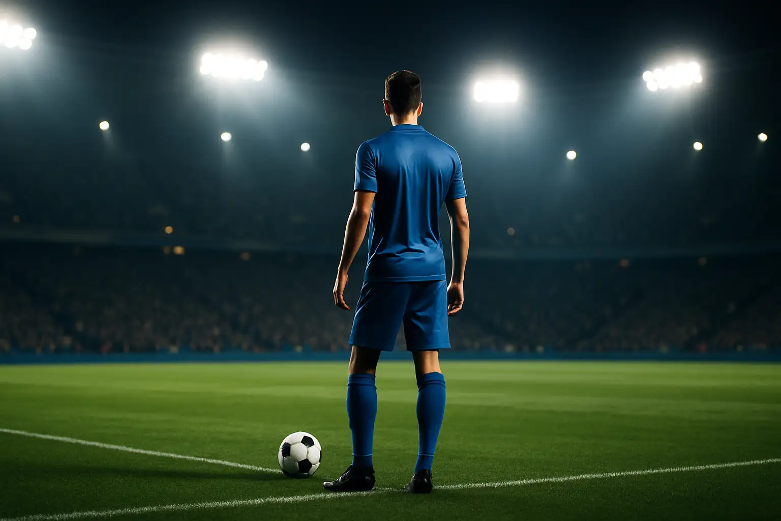 A forward in a blue national team jersey preparing to strike a ball in a packed stadium under floodlights