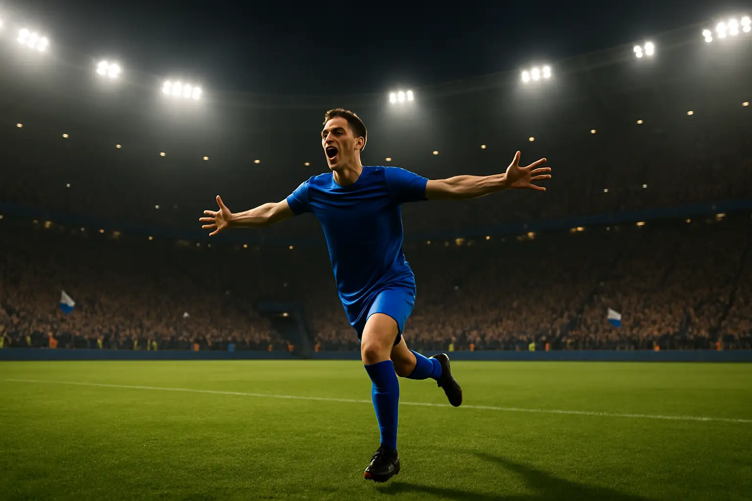 French footballer celebrating a goal in a packed World Cup stadium at night