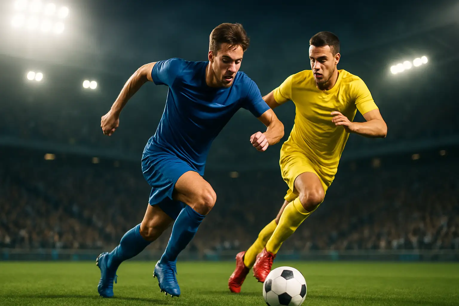 France footballer in blue kit driving forward with the ball against a Swedish defender