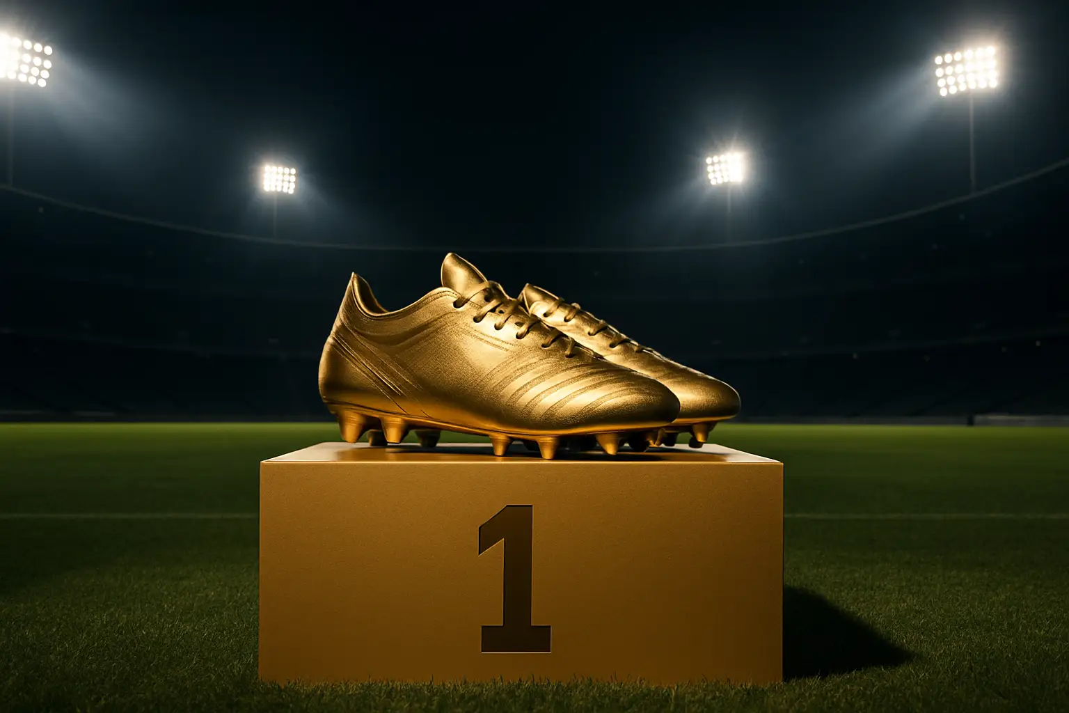 Two football boots on a golden podium under stadium floodlights