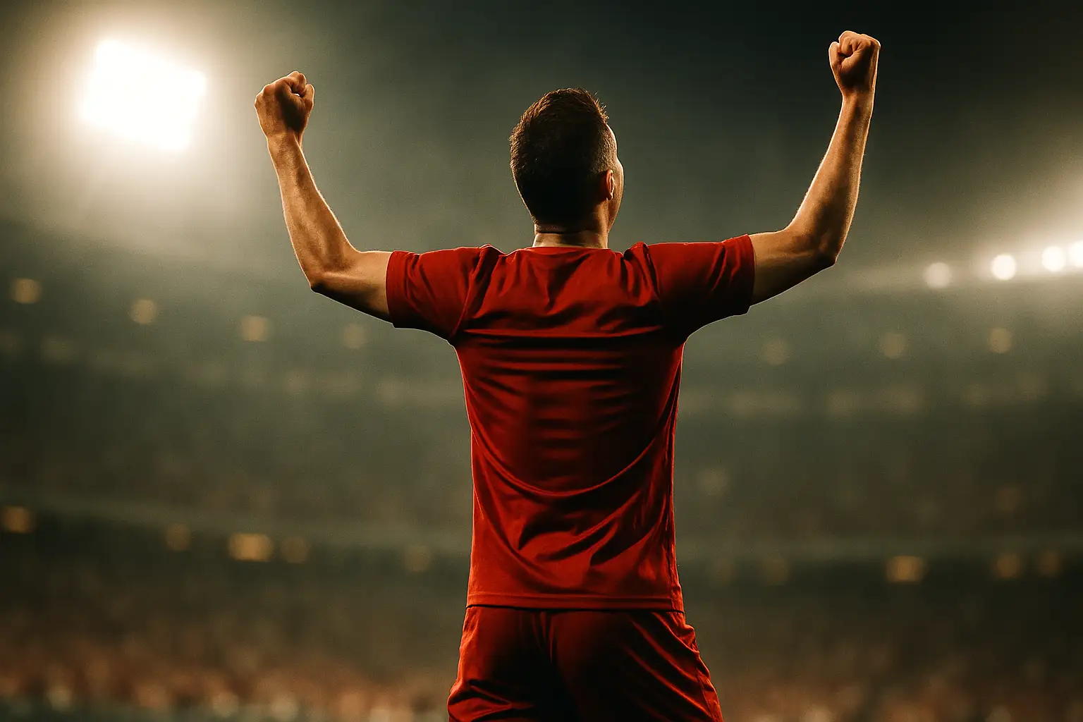 A football striker celebrating a goal in a packed stadium under floodlights