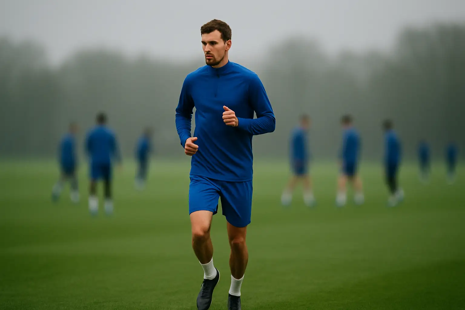 Kylian Mbappé jogging on a training pitch with teammates in the background