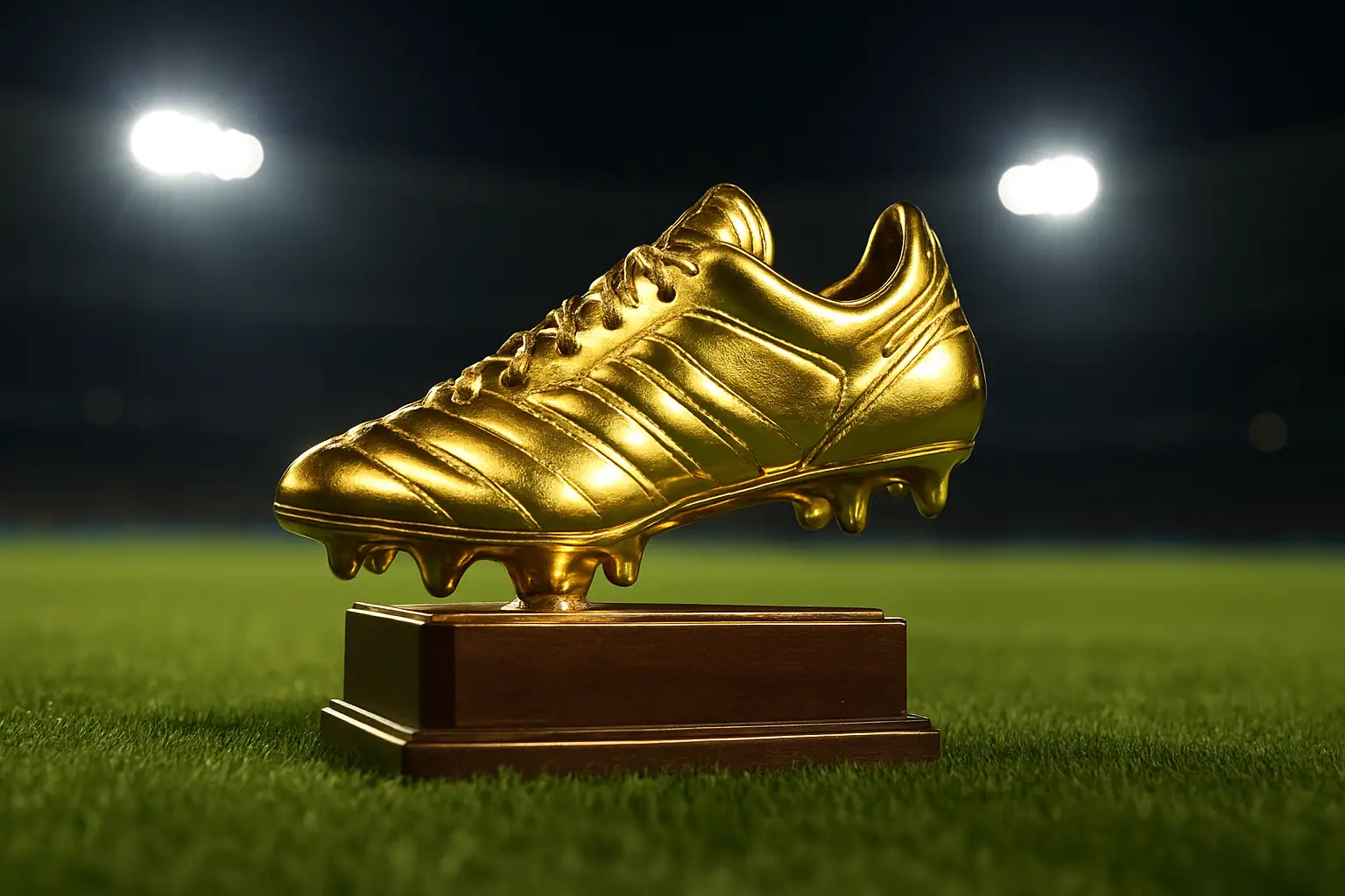 A football boot displayed on a pitch under floodlights with a golden trophy nearby