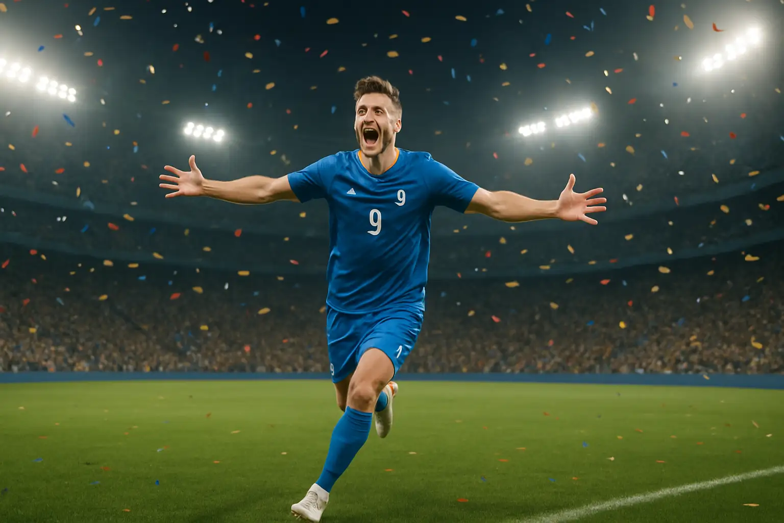 France footballer celebrating a World Cup goal in front of a packed stadium