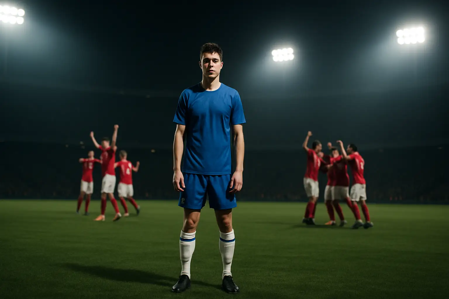 A footballer in a blue jersey standing alone on a pitch after a heavy defeat, head bowed