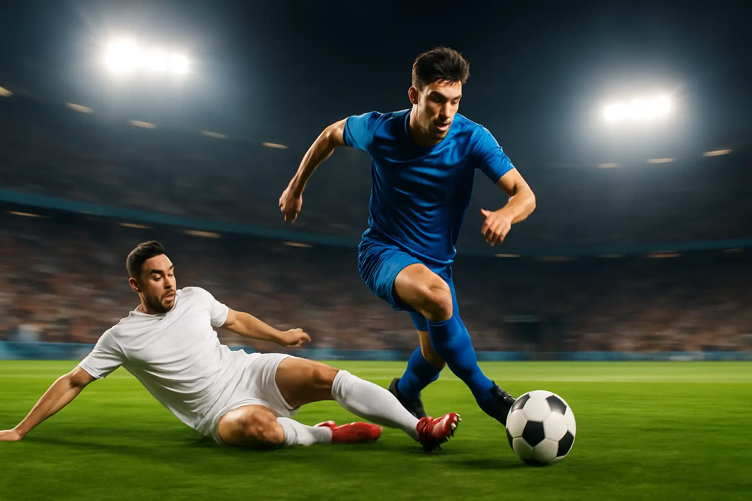 A footballer in a blue jersey sprinting past a sliding defender under bright stadium lights