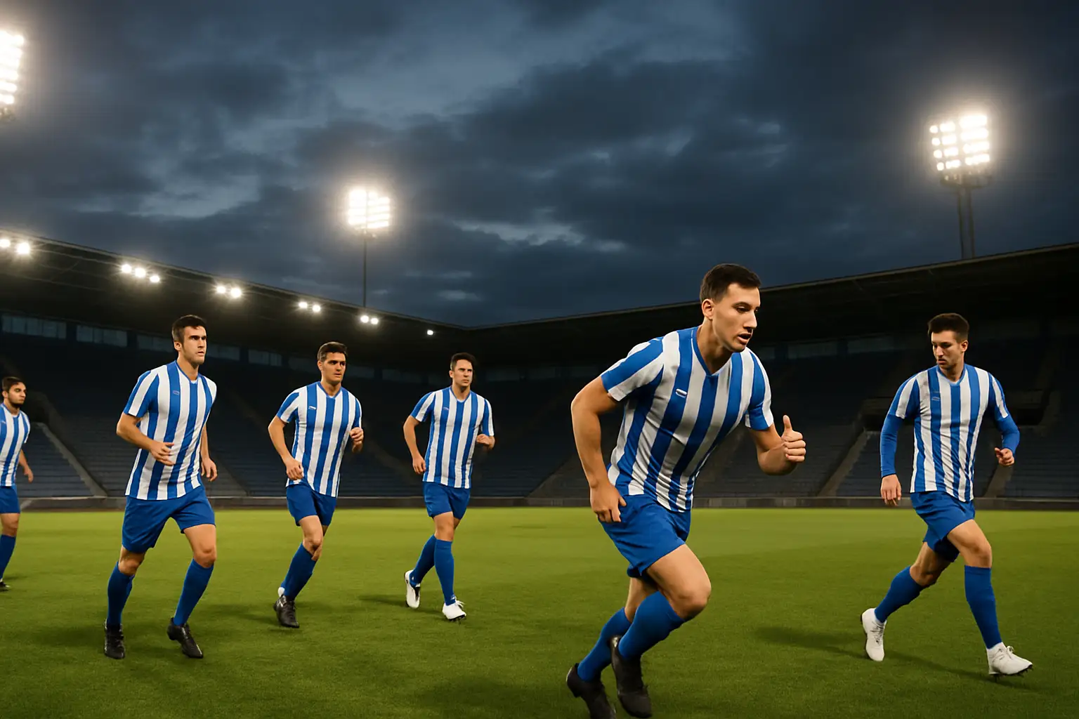 Argentina football players warming up on a pitch under bright stadium lights before a major international match