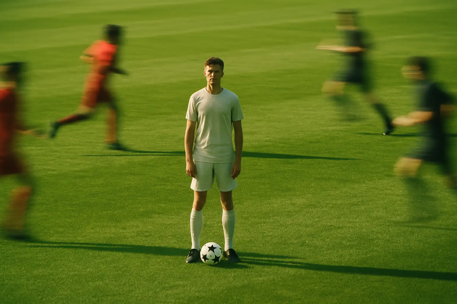 A lone football player standing calmly in the center of a bright green pitch while teammates move around him