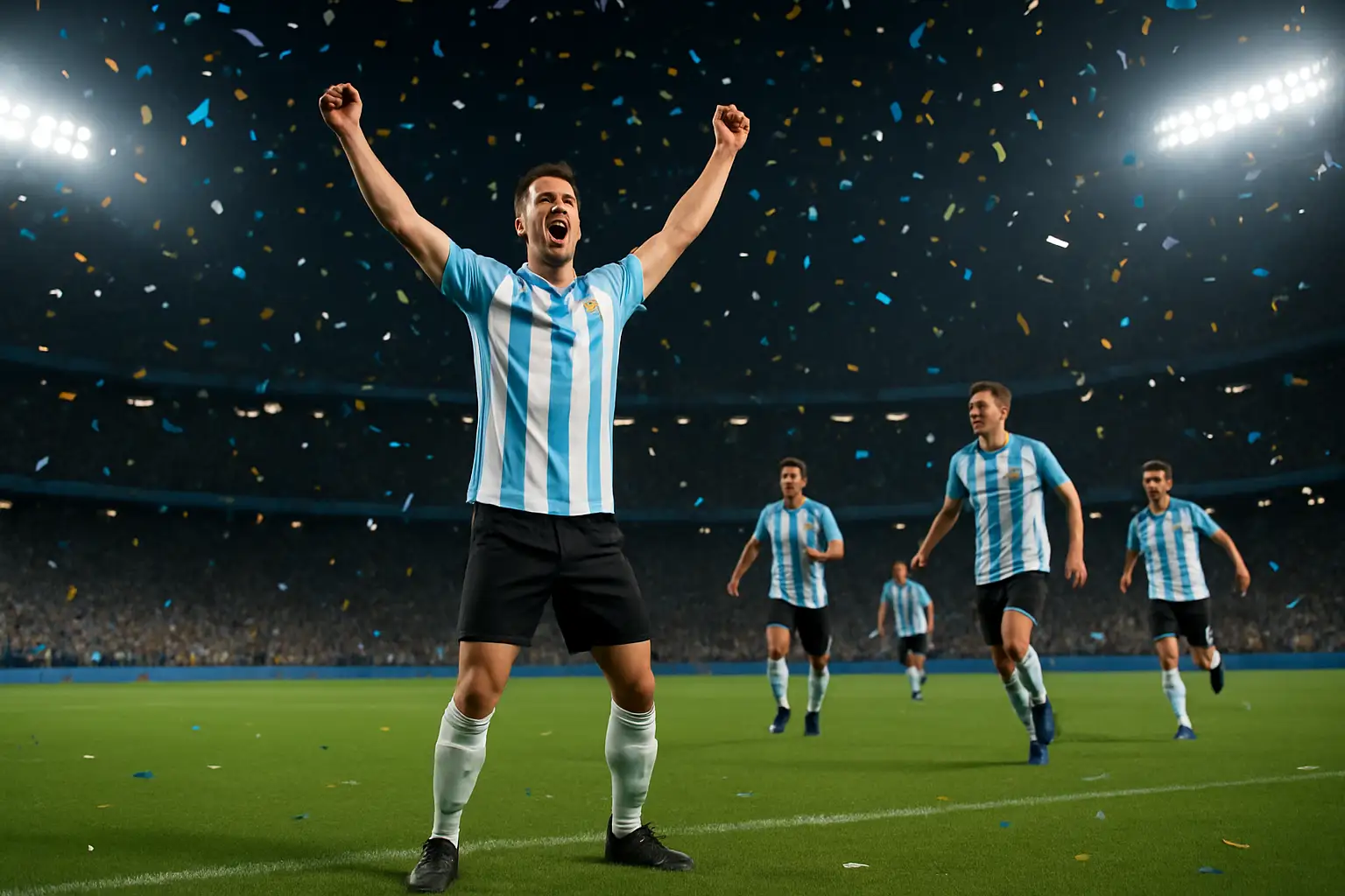 A football player celebrates a goal on a floodlit World Cup stadium pitch surrounded by cheering teammates