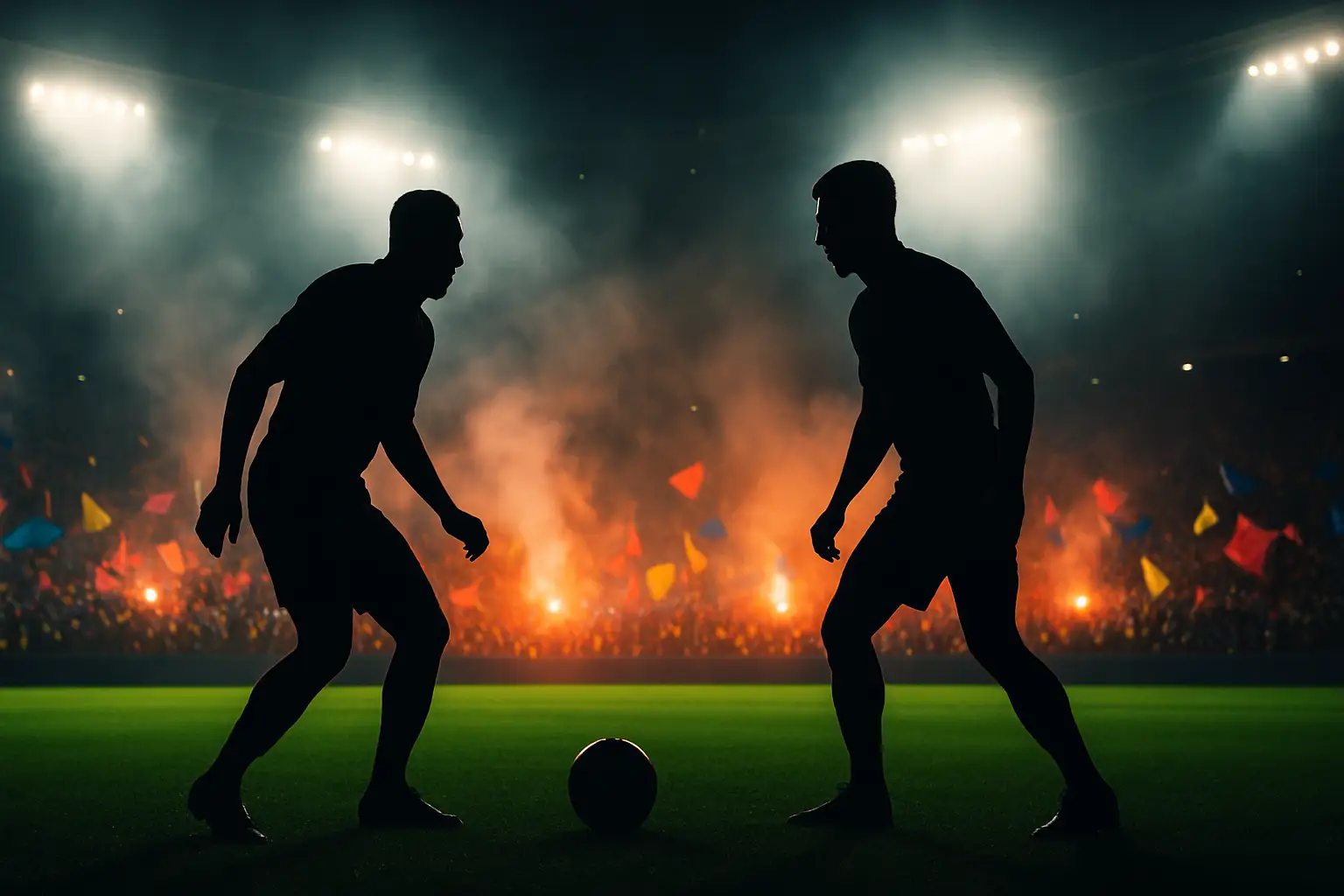 Two football players facing off on a floodlit World Cup stadium pitch surrounded by colourful crowd
