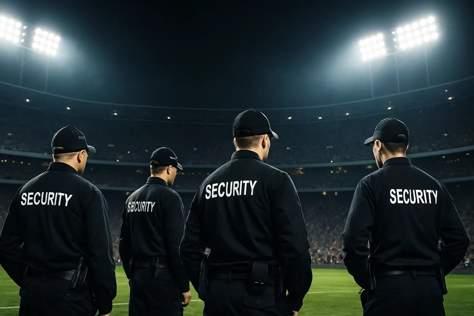 Stadium security personnel monitoring a packed football crowd at a major international tournament