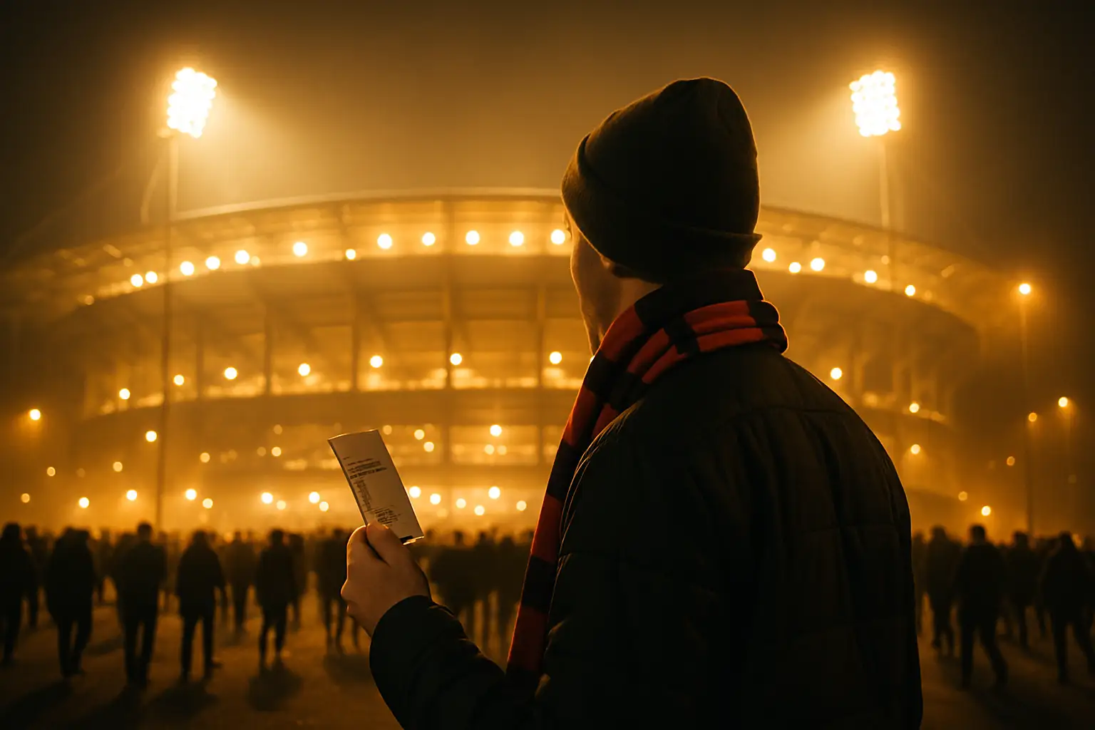 A football fan holding a ticket outside a packed World Cup stadium at night