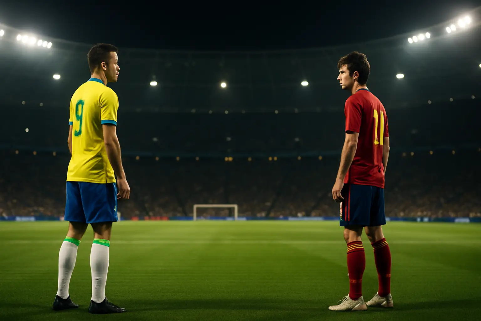 Two football players in opposing national team kits facing each other on a floodlit stadium pitch before a major final