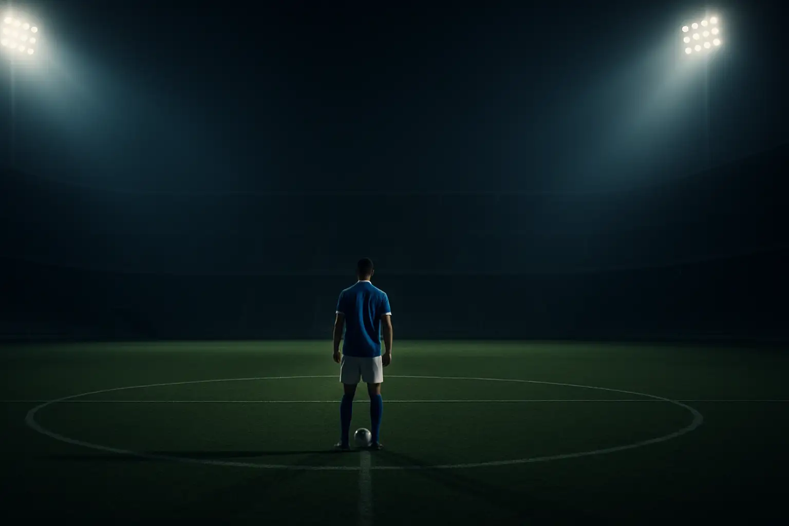 A lone footballer stands on an empty stadium pitch under floodlights, looking toward the goal