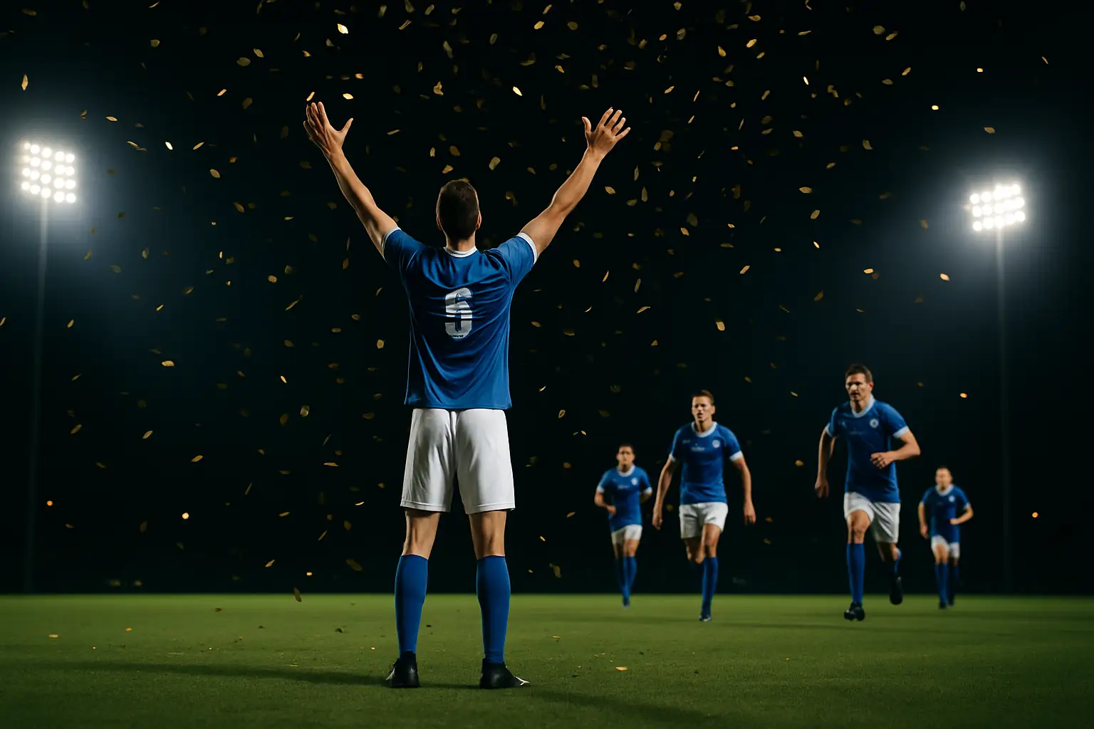 A footballer raising a trophy on a floodlit stadium pitch at night surrounded by celebrating teammates