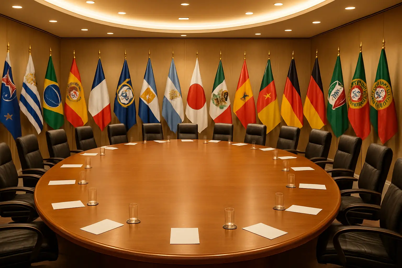 Football officials gathered at an international sports meeting, symbolizing global football governance