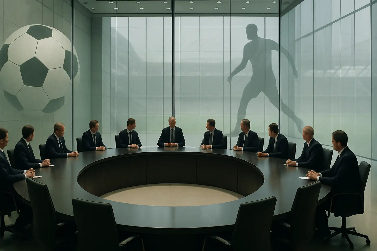 Football officials seated at a formal governance meeting inside a large conference hall