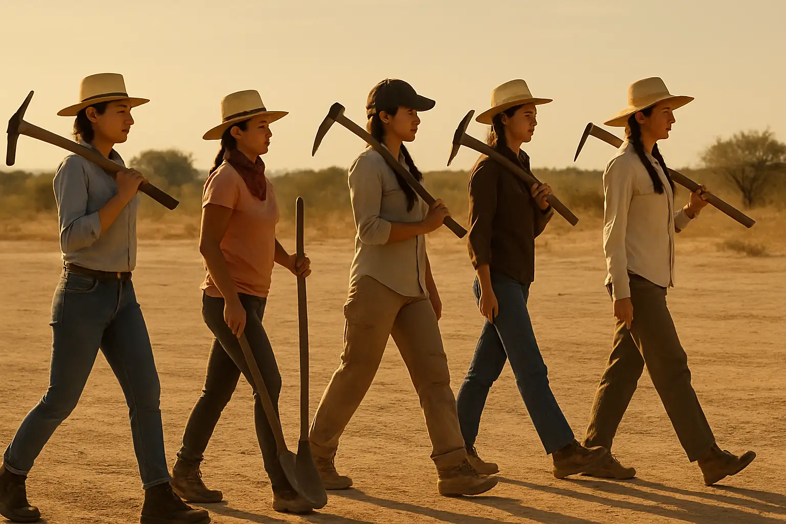 Women carrying shovels walk across a dry open field in Mexico as part of a missing persons search