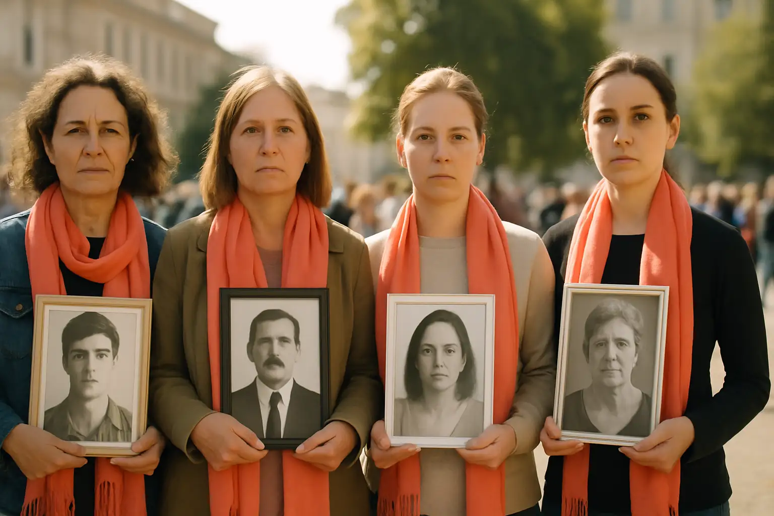Women holding photographs of missing loved ones at a public gathering in Mexico