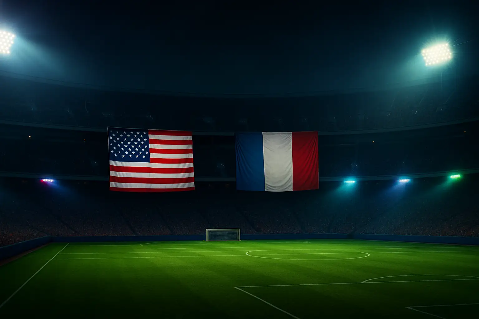 Two national flags side by side in a football stadium setting with a green pitch in the background