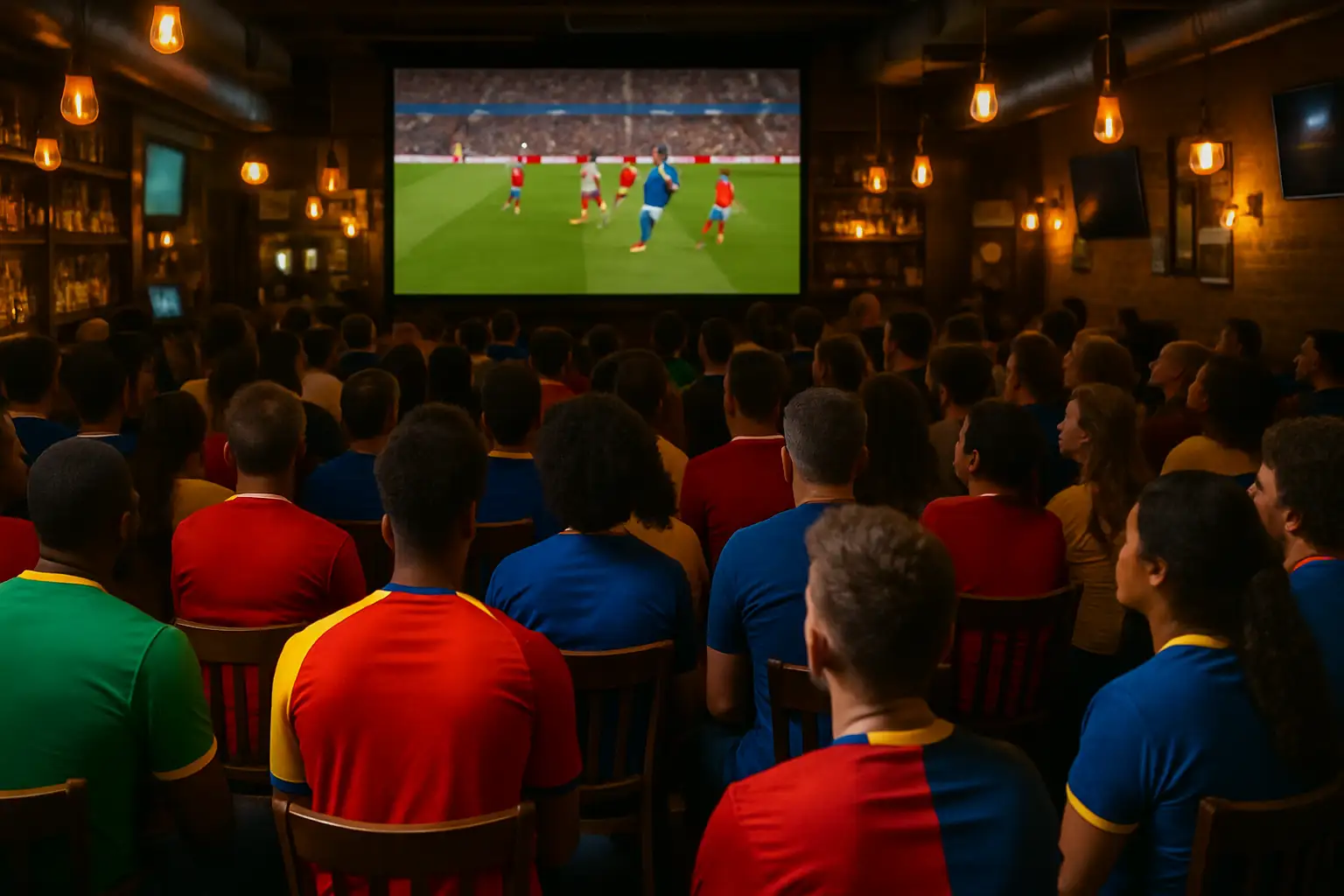 Football fans gathered around a screen watching a World Cup match in a packed sports bar