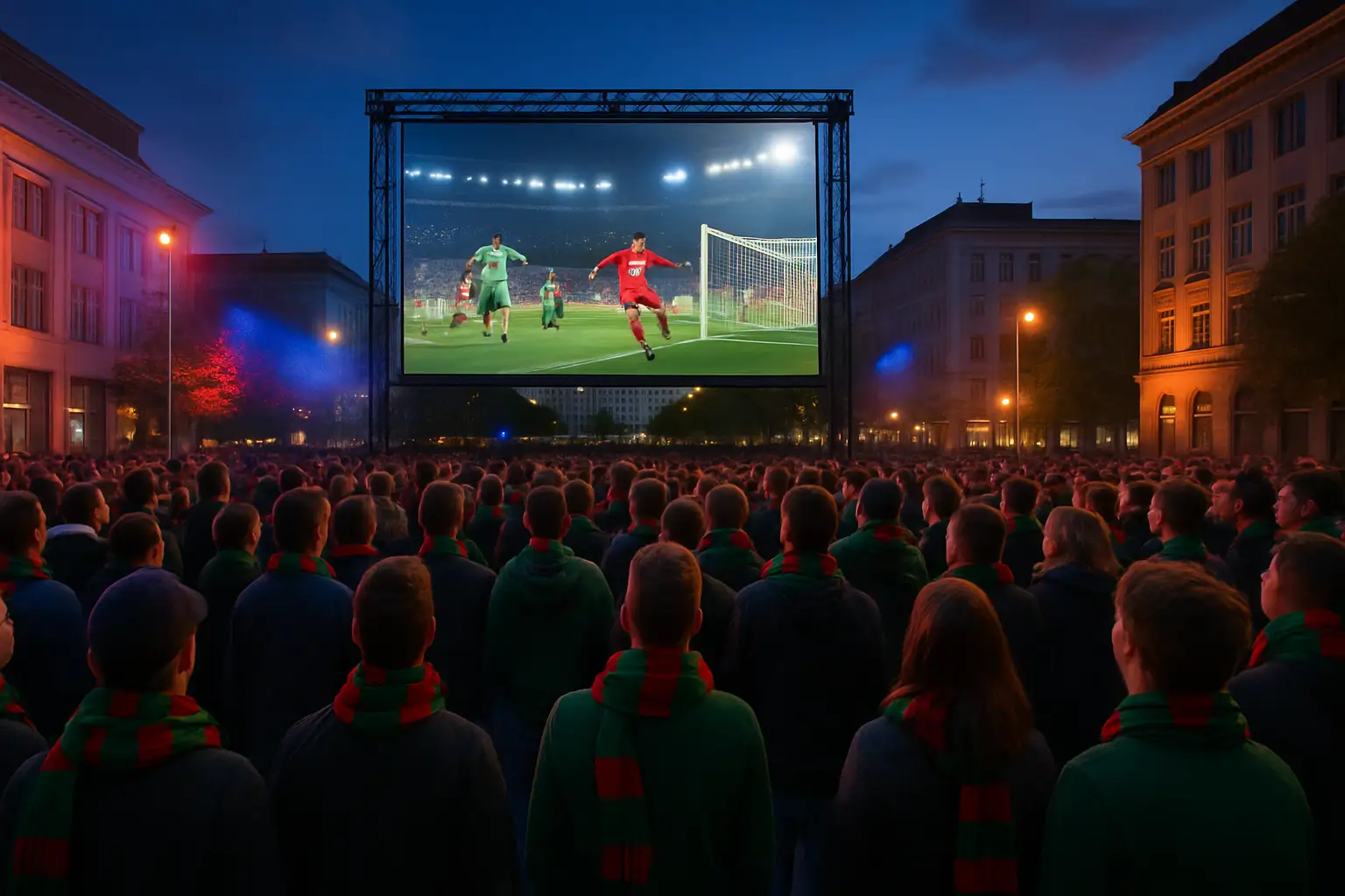 Football fans gathered around a large outdoor screen watching an international match