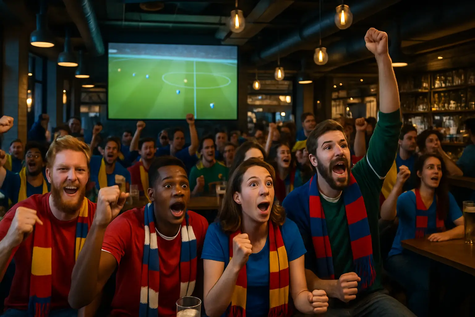 Football fans gathered around a large screen watching a World Cup match in a city venue