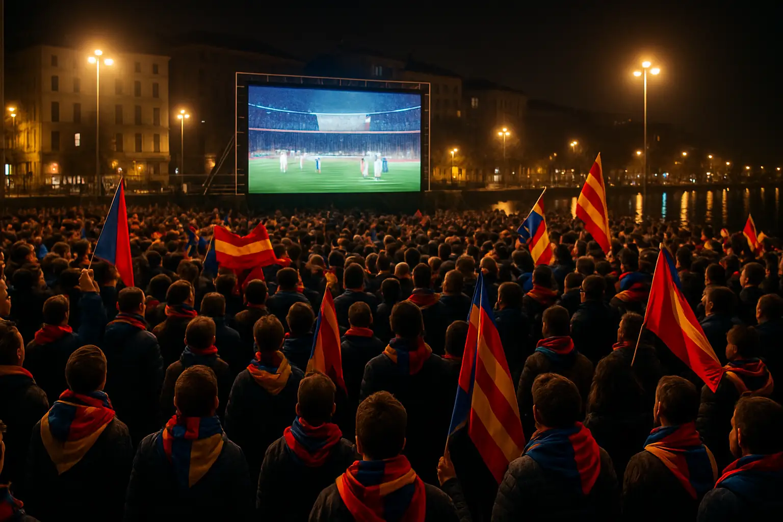 Football fans gathered outdoors watching a large screen showing a World Cup match