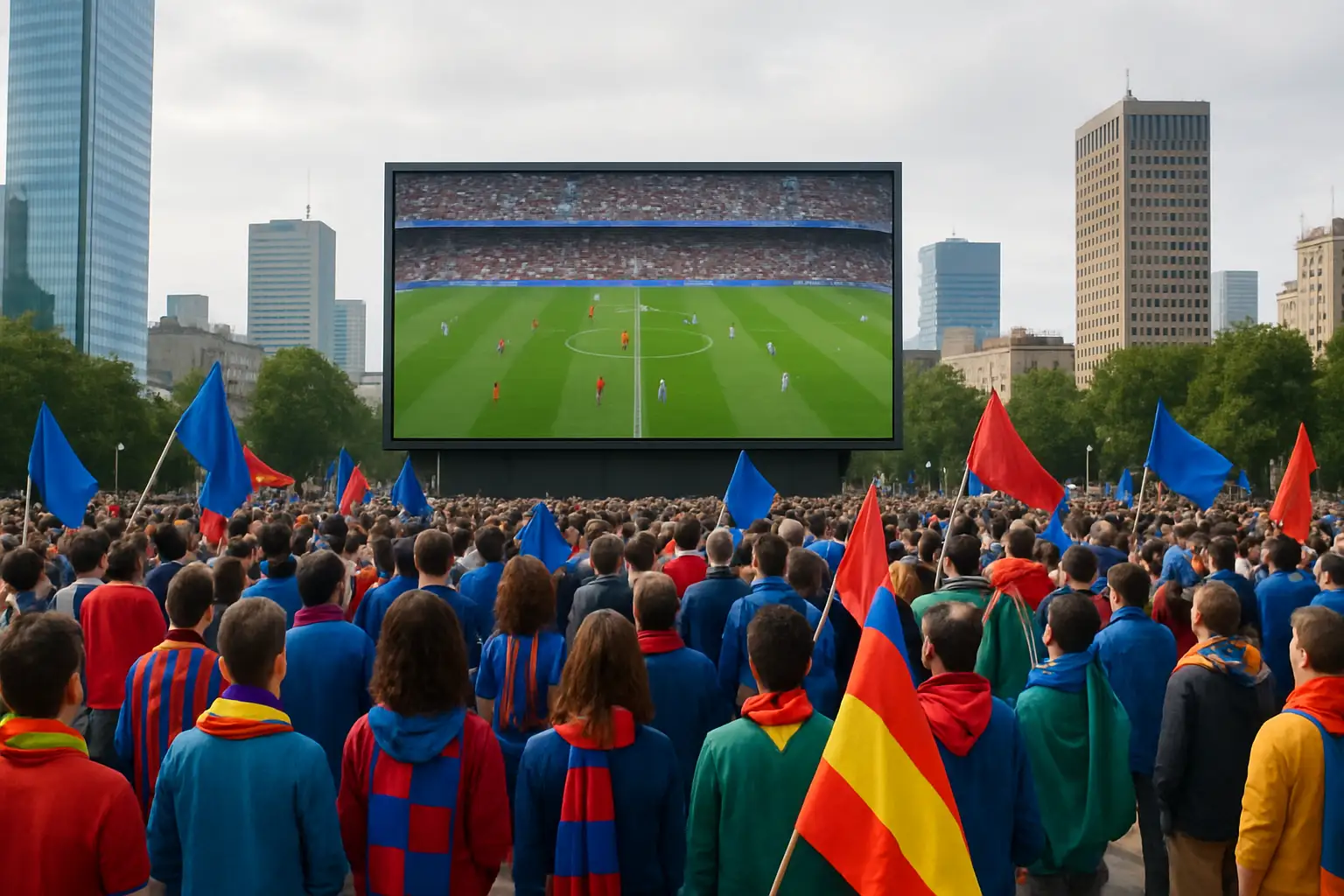 Football fans gathered around a large screen watching a World Cup match in an outdoor public space