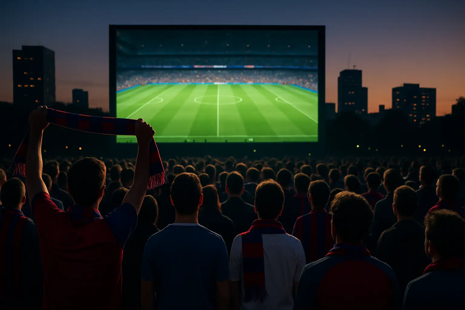Football fans watching a World Cup match on a large outdoor screen at night