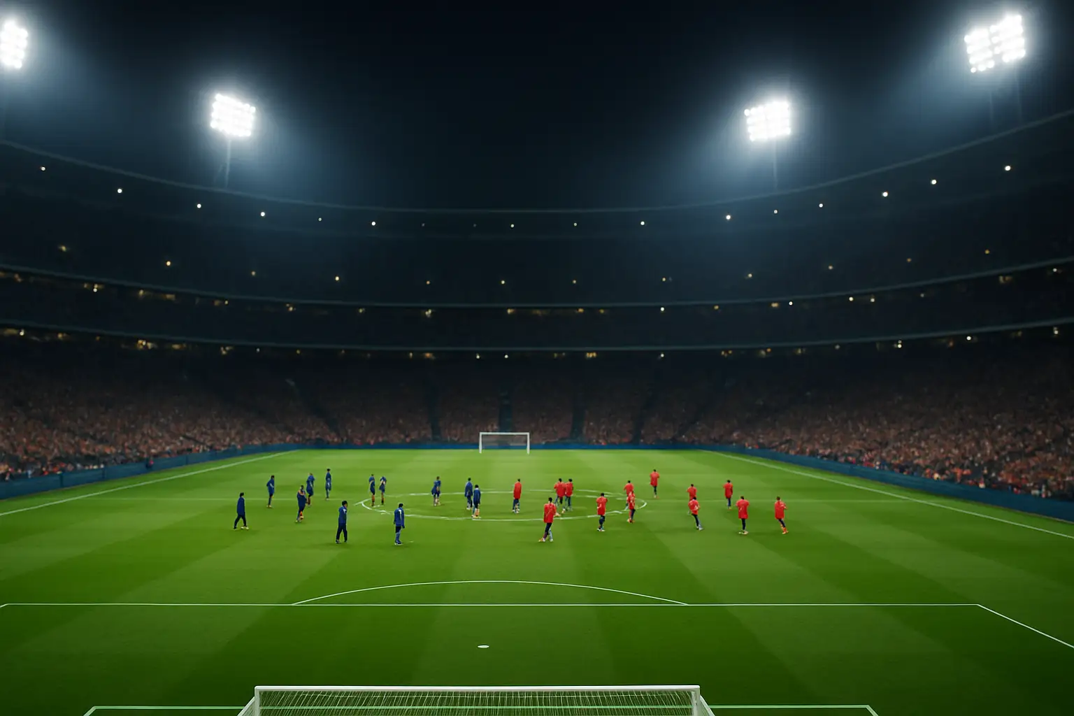 Football players from two national teams competing on a green pitch under stadium floodlights