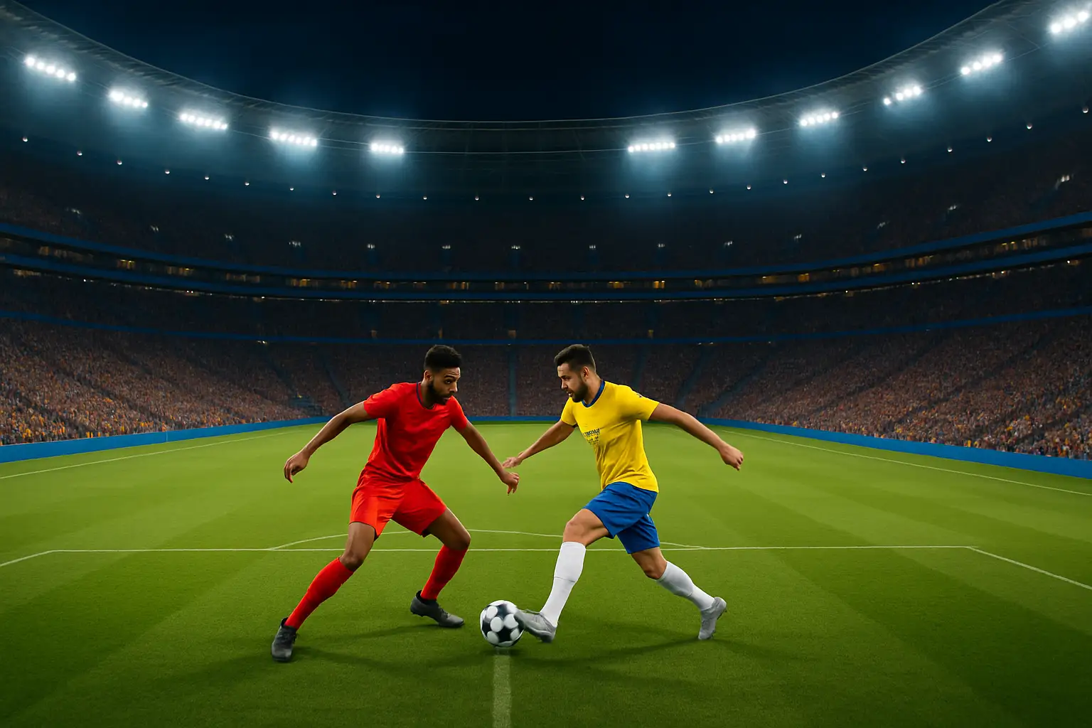 Football players from two national teams competing on a World Cup stadium pitch at night under bright floodlights