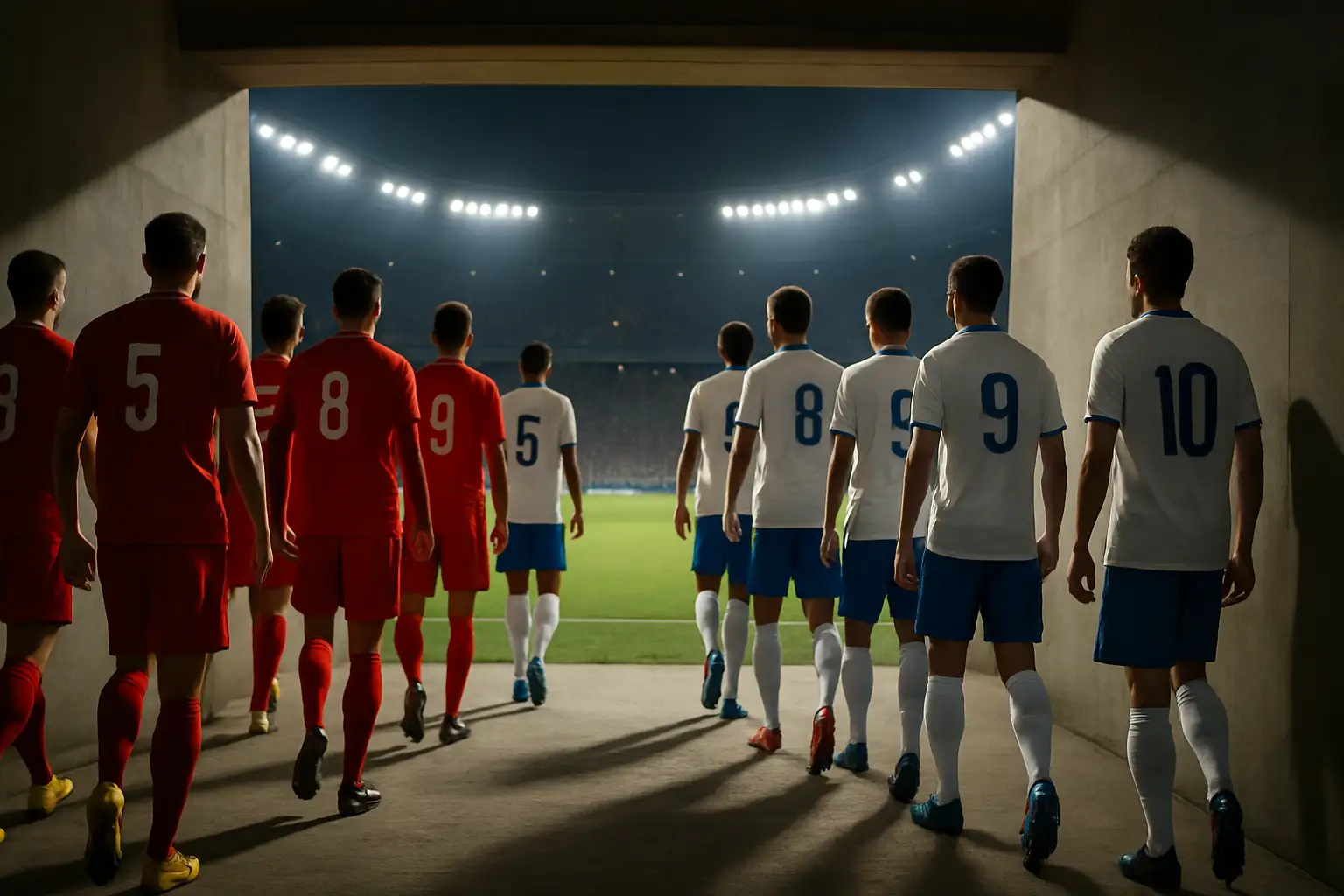 Football players from two international teams walking onto a pitch before a major international fixture