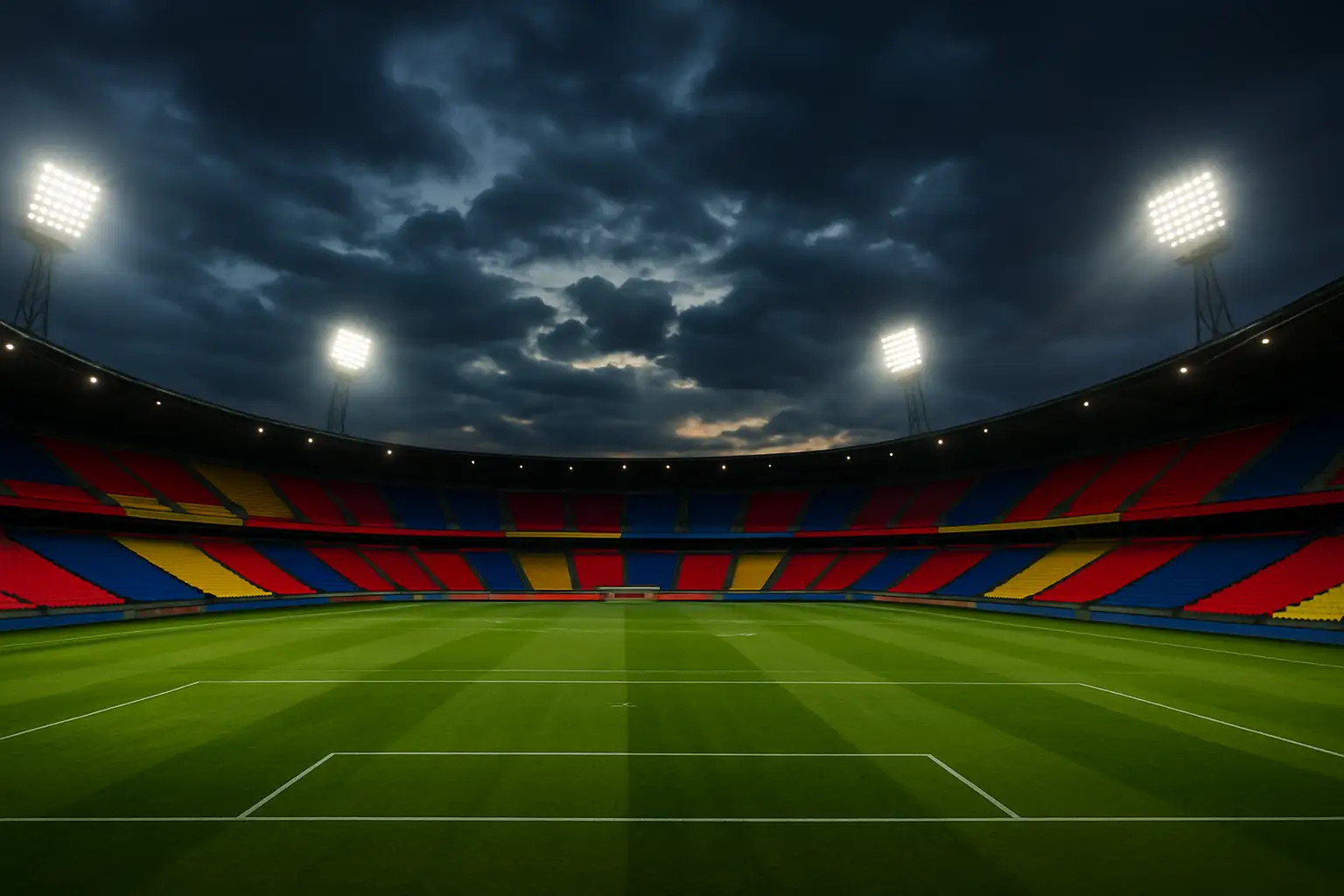 Football stadium floodlights illuminating an empty pitch before a major international knockout match